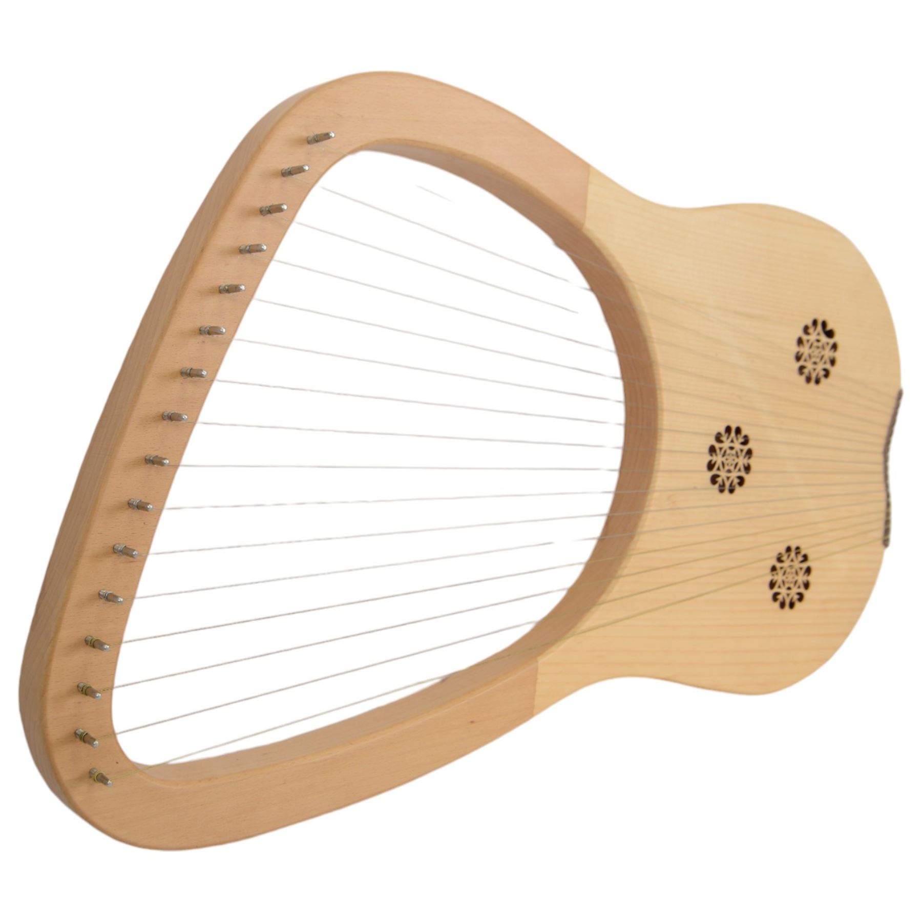 Contemporary - 16 string lyre harp with a beech and ash frame, steel strings and plated tuning pins, with decorative fretwork to the soundboard.