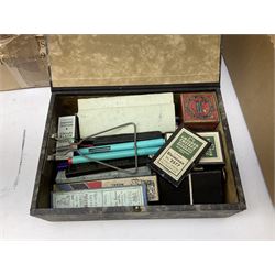 Collection of architects and draftsman's tools and equipment to include sliding rules, pencils, drawing paper, anglepoise style lamp etc, in three boxes   