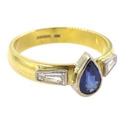 18ct gold pear shape sapphire and tapered baguette diamond ring, hallmarked