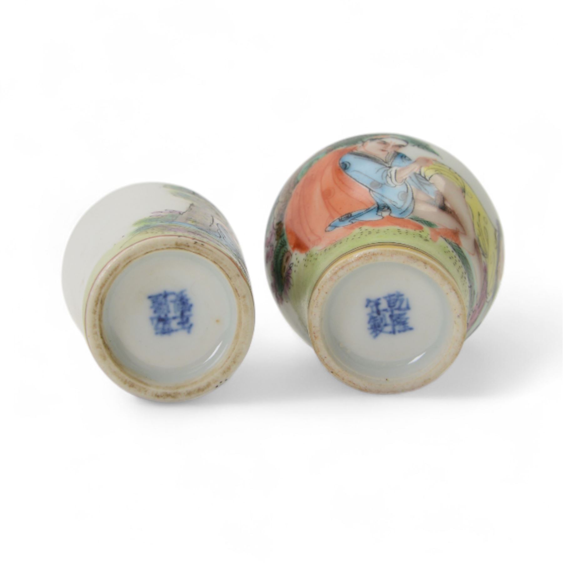 Five Chinese ceramic snuff bottle with painted erotic scenes, all with gilt painted stoppers, with character marks beneath, H10cm 