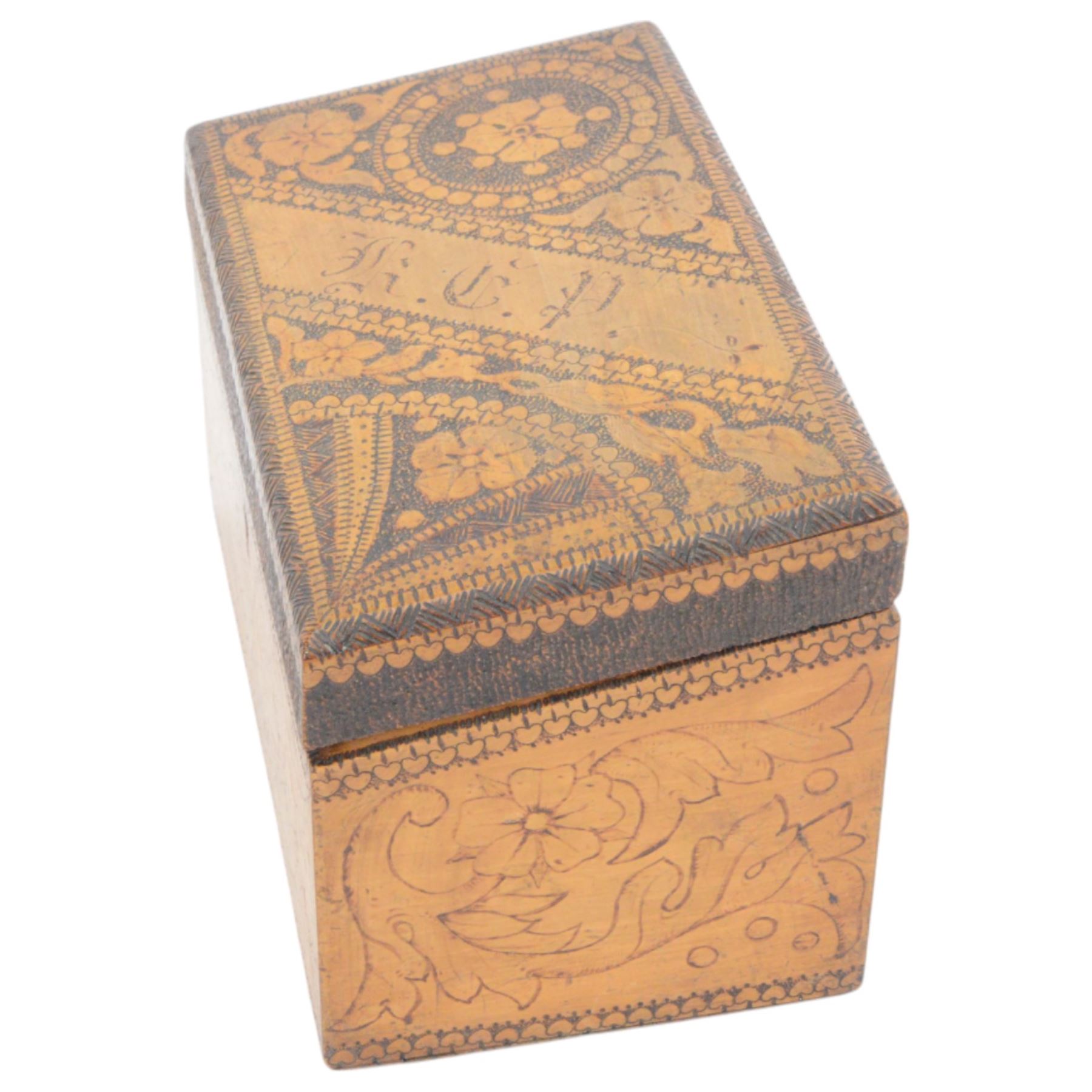 19th century stationery box, with poker work decorated, the sloped lid bearing initials
KEP opening to reveal four letter interior, H13cm