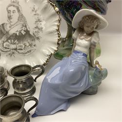 Nao figure of a lady '1042', commemorative Queen Victoria plate, pewter measures, Edinburgh crystal decanter with thistle decoration, Wood and Sons limited edition figure commemorating 150 years of the R.N.L.I numbered 321 of 5000 and a cockerel figure
