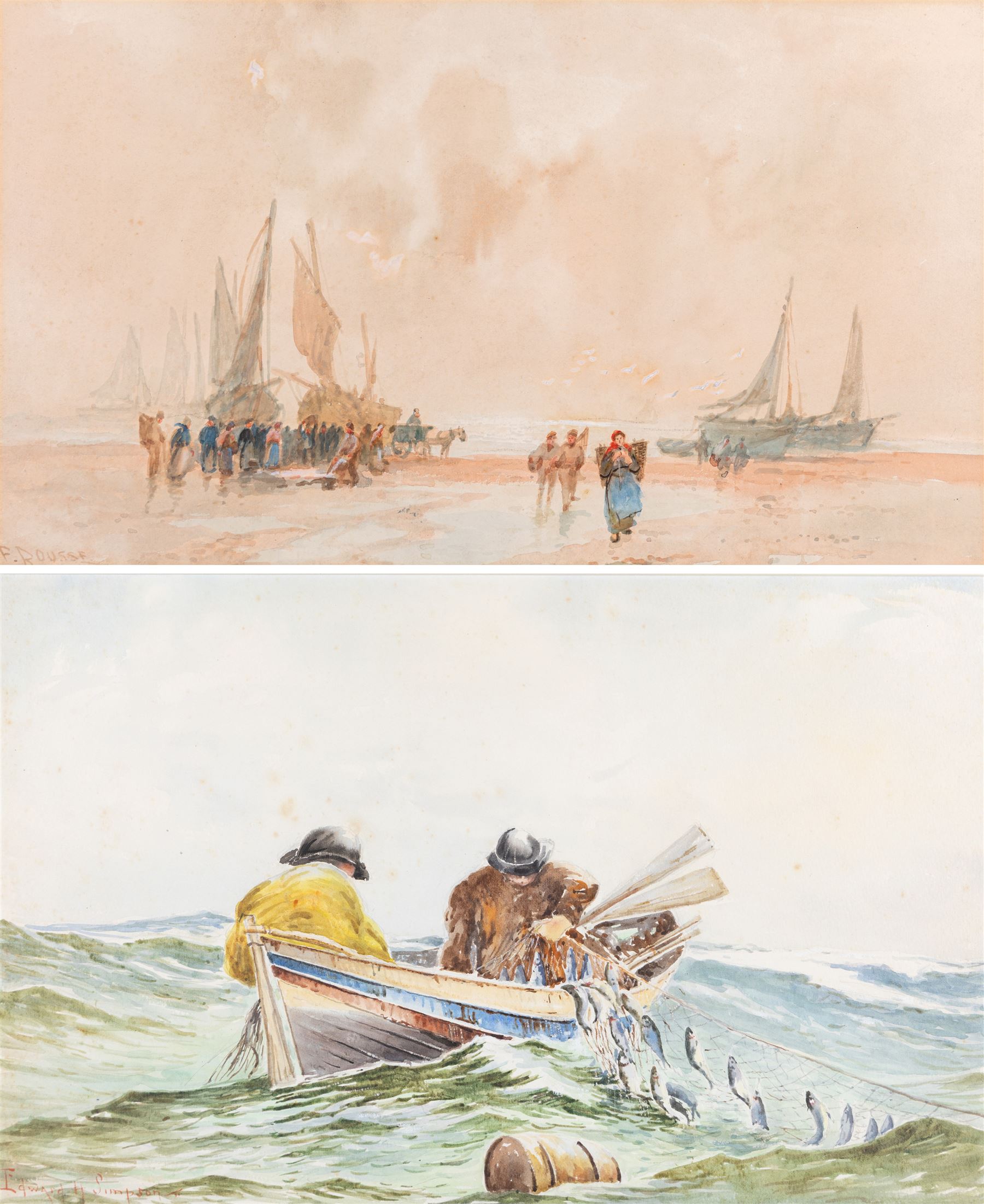 Frank Rousse (British fl.1897-1917): Bringing in the Catch, watercolour signed 28cm x 49cm; Edward H Simpson (British 1901-1989): Drawing in the Nets, watercolour signed 33cm x 53cm (2)