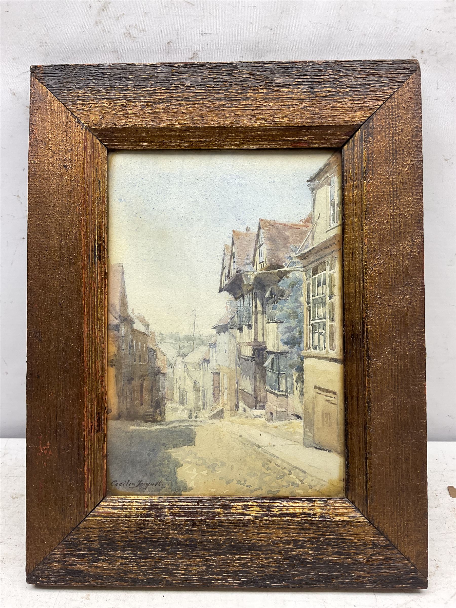 Cecilia Jaquet (British fl.1889-1893): Street Scene, watercolour signed 28cm x 19cm 
Notes: Jaquet was a London landscape painter who exhibited at the Royal Society of British Artists (2), Royal Institute, Society of Women Artists (8), the Grosvener Gallery and in the provinces; she lived in Southwark.