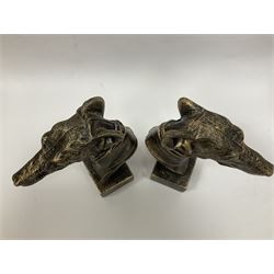Pair of bronzed cast iron greyhound busts on plinths, H21cm