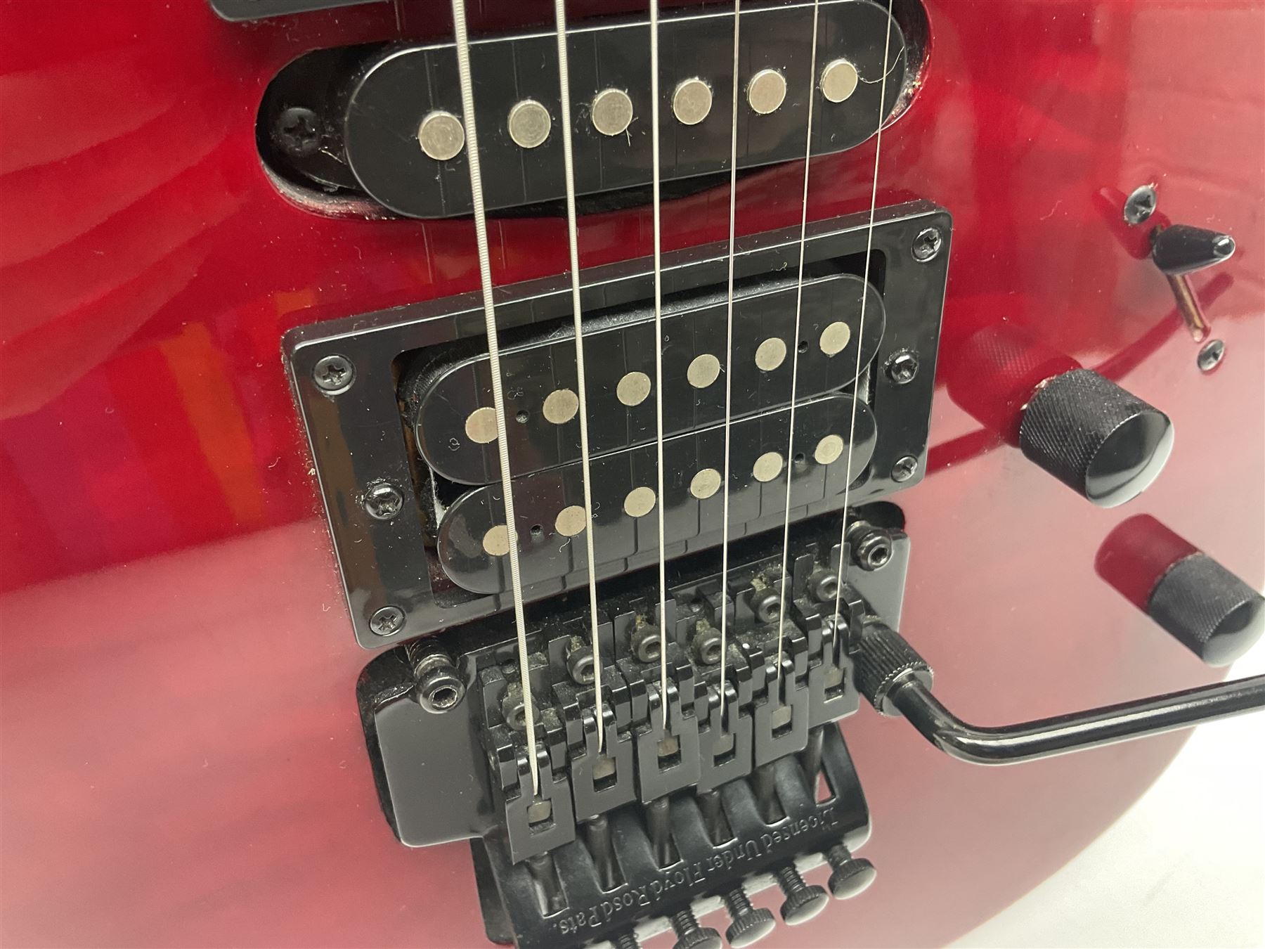 Maverick HSH rock guitar with Floyd Rose tremolo, L100cm overall; in soft carrying case.