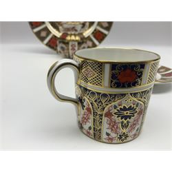 Royal Crown Derby Old Imari pattern miniature vase, coffee can and saucer, teacup and saucer and plate, all with printed mark beneath, vase H8cm 