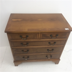 20th century yew wood cross banded chest,  two short and three long drawers, shaped bracket supports, W77cm, H76cm, D42cm