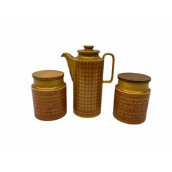 Hornsea Pottery Saffron pattern dinner and tea ware, comprising two lidded vegetable dishes, oval platter, nine dinner plates, six side plates, seven tea plates, covered tea caddy, covered coffee caddy, coffee pot, large jug, small jug, eight cups and seven saucers (45).  