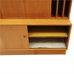 Clausen & Son Silkeborg - Danish 1960s teak highboard wall unit, the upper modular section with open shelves, smoked glass sliding doors and 12