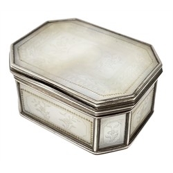 George III silver mounted mother of pearl patch box, of rectangular form with canted corners, the hinged cover and sides engraved with foliate detail within borders, opening to reveal an inset mirror, and engraving to the silver mount 'Elizabeth Bentley', L6cm

Elizabeth Bentley (1767–1839) was an English poet born in Norwich. Considered a Labouring Class poet Bentley's work frequently discusses topics such as abolitionism and animal welfare. 