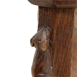 Mouseman - circa. 1930s set of six (4+2) oak dining chairs, panelled back carved with the Bagshawe family crest, the moto 'Forma Flos Fama Flatus' over an arm grasping a bugle-horn with ribbon tie and Yorkshire rose motif, adzed frame, leather lattice strap seat, on octagonal supports united by stretchers, two carvers and four side chairs, each carved with mouse signature, by Robert Thompson of Kilburn 

Provenance: Owned since manufacture by the Bagshawe family, descendants of the Staithes Group Artist Joseph Richard Bagshawe RBA (1870-1909).