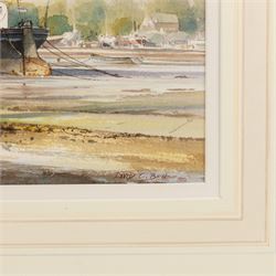 David C Bell (British 1950-): ‘Barges Under Repair – The Hard Pin Mill’, watercolour signed and dated 1990, titled verso 29cm x 48cm