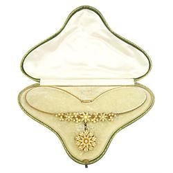 Edwardian 15ct gold split pearl flower head and foliate necklace, with detachable 18ct gold old cut diamond and split pearl flower head pendant, in fitted velvet and silk lined box