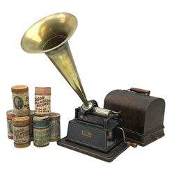 Edison Gem wind up phonograph, serial number 255655, with horn and eight cylinders, H21cm