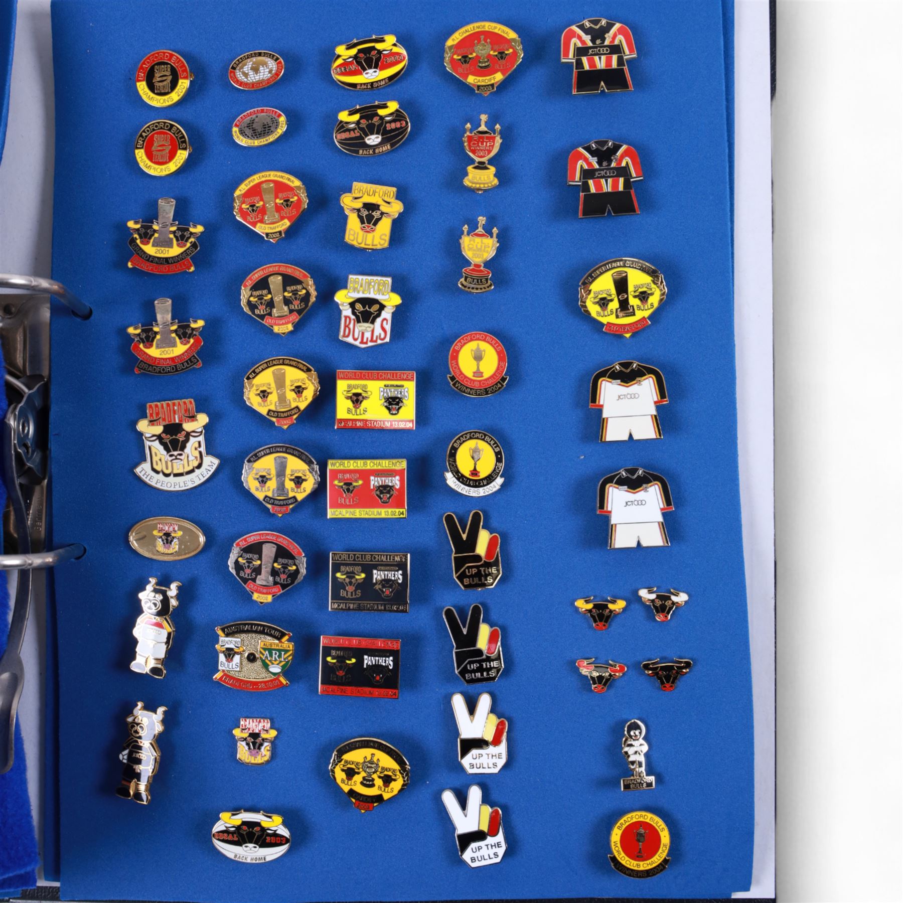 Rugby league enamel badge collection, from Barrow Raiders, Batley, Blackpool Panthers, Bradford Northern, Bradford Bulls, Bramley, Castleford, Catalan Dragons, Celtic Crusaders, Dewsbury Rams, Doncaster, Featherstone Rovers and Halifax, housed in two folders, (approximately 280)