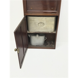  19th century mahogany military campaign washstand, folding front with tin wash bowl, above a door with removable waste water container, on a plinth base, W55cm, D22cm, H125cm  