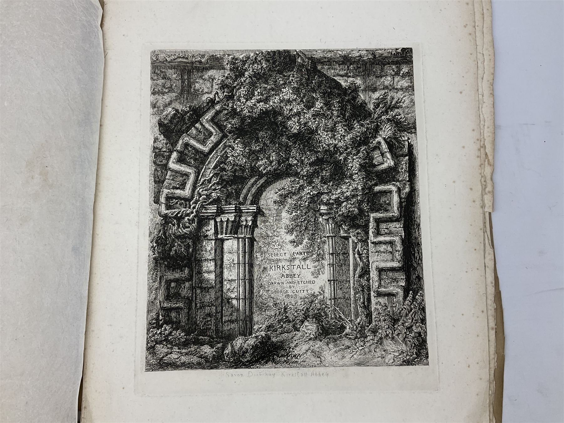 George Cuitt Jnr (British 1779-1854): 'Select parts of Kirkstall Abbey', complete set six etchings signed titled and dated 1823 in the plate, oblong folio; J Metcalf and J Carmichael (British 18th/19th century): 'Fountains Abbey Intended To Illustrate The Architecture And Pictureseque Scenery Of That Celebrated Ruin', seven etchings (one missing) pub. 1832 with Historical and Architectural Description by T Sopwith, oblong folio; Augostino Aglio (Italian 1777-1857): 'Sketches of the Interior & Temporary Decorations in Woolley-Hall Yorkshire', complete set 22 lithographs dated 1821, pub. by the artist, oblong folio max 54cm x 37cm (3)