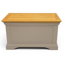 Modern bedroom suite comprising; a dresser, blanket box, bedside table, oak tops over a pale blue with wooden turned knobs

Dresser (H 77cm, D 48cm, W 107cm)
Blanket box (H 51cm, D 48cm W 91cm)
Bedside table (H 64cm, D 39cm, W 54cm)