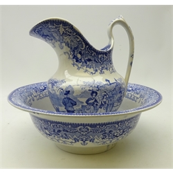  Early 19th century blue and white jug and bowl wash set, transfer printed in the 'Highland Dance' pattern, underglaze B mark to base of jug, possibly Brameld, H28cm x D33cm   