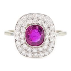 Early 20th century 18ct white gold and platinum, Burmese ruby and diamond ring, milgrain s...