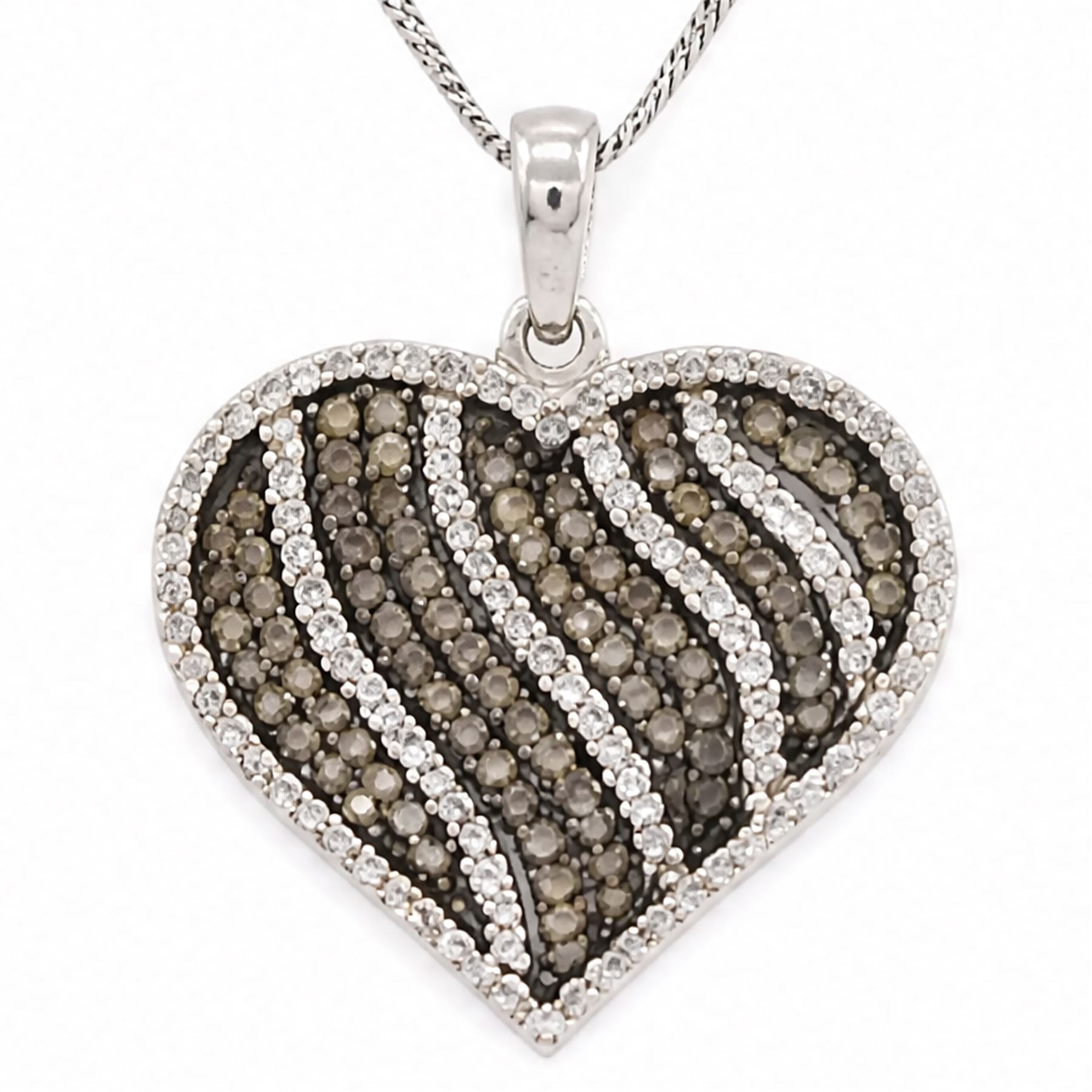 9ct white gold diamond heart pendant necklace, set with rows of round cut fancy light brown and white diamonds, hallmarked, total light brown diamond weight approx 0.75 carat, total white diamond weight approx 0.75 carat