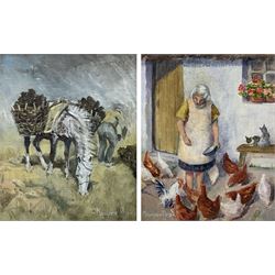 Maureen Reid (British 20th century): 'Feeding Hens' and 'Gathering Peat', pair oils on board signed, labelled verso 24cm x 20cm (2)