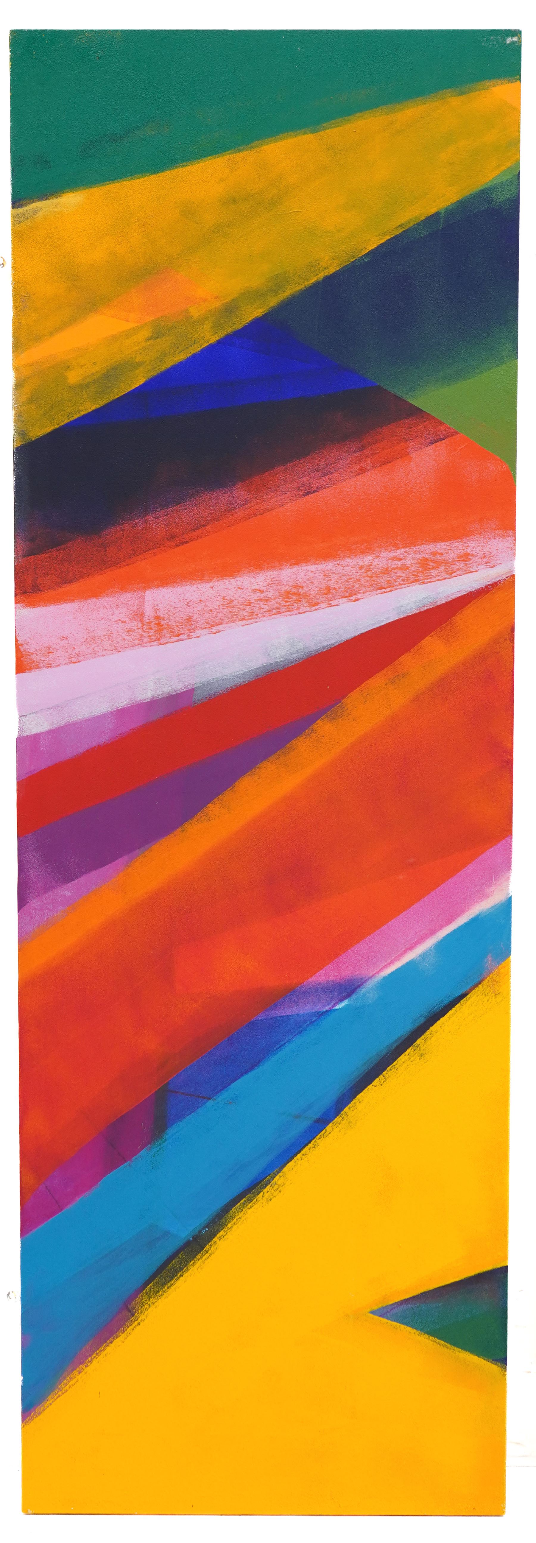 Gillian Ross Kelsey (British 1935-2025): 'Green Triangle 1' 'Green Triangle 2' and 'Sandbar 2', triptych of three acrylics on hardboard, all titled and one signed verso all 123cm x 41cm (3) (unframed)