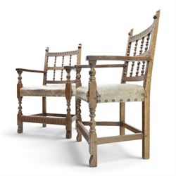 Rupert Griffiths for Monastic Woodcraft - oak 6ft refectory dining table with set six (4+2) matching chairs, rectangular top with arcaded frieze, with trestle base with further arcaded carved stretchers, chairs with carved rails and finials, leather wrapped seats with stud detail, turned supports united by carved stretcher