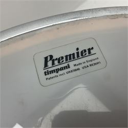 Timpani drum with coppered finish to the bowl, marked 'BS 3499' underneath, three adjustable tubular legs and Premier head D67cm
