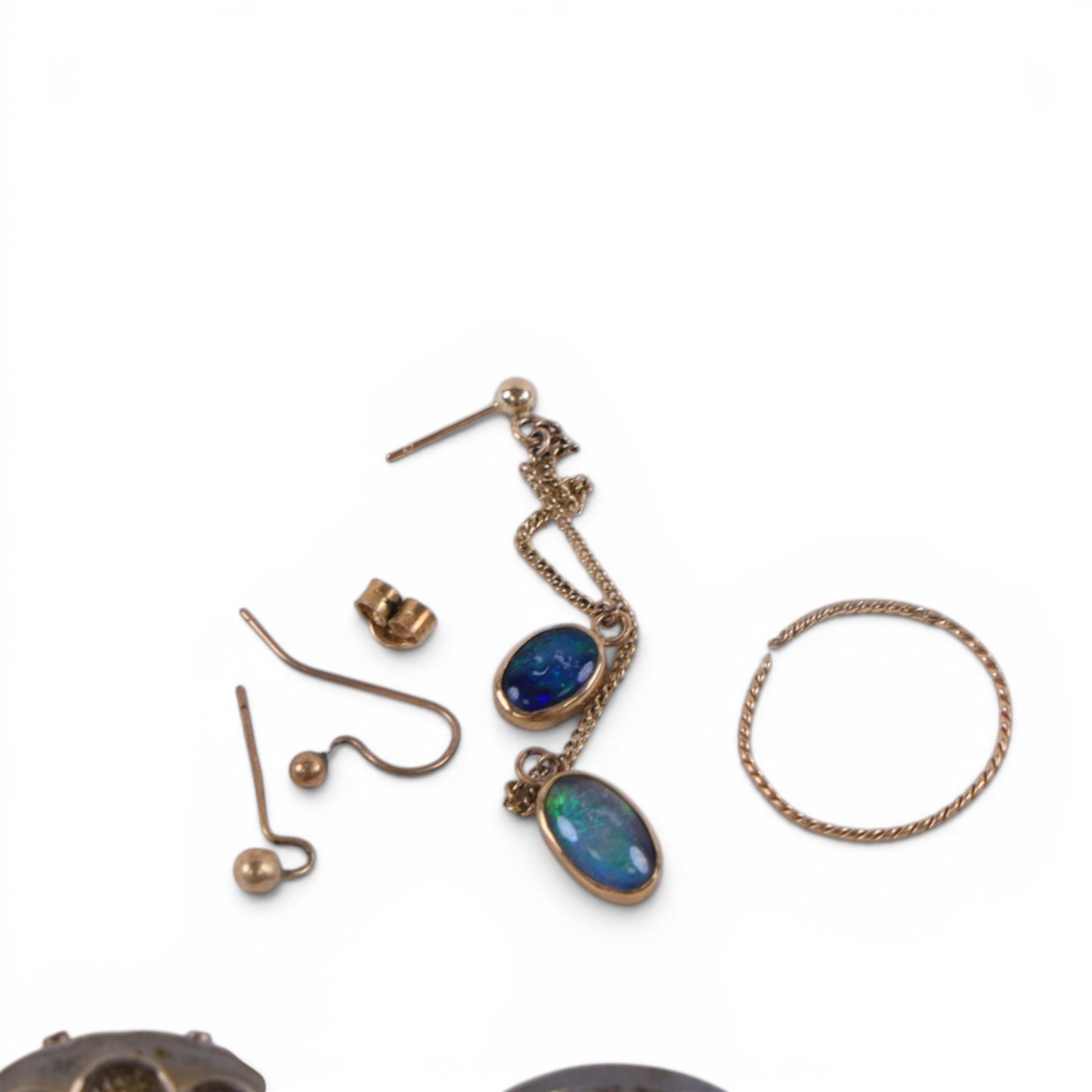 9ct gold jewellery oddments, including single opal pendant earring, single hoop earring and earring hooks and silver jewellery, including wristwatch, cufflinks, necklace, earrings, brooches and carnelian fob