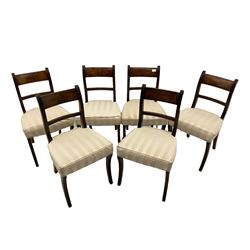 Regency period set six mahogany dining chairs, reed moulded uprights and sabre supports, upholstered seats