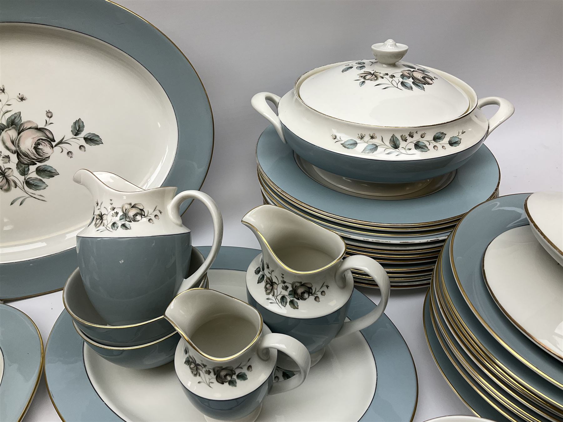 Royal Doulton Rose Elegans pattern tea and dinner wares, to include teapot, fourteen cups and saucers, two milk jug, cream jug, two sucriers, two covered serving dishes, serving platter, etc (98+)