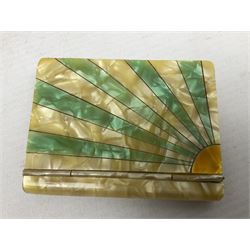 Mother of pearl and abalone inlaid card case, with central diamond shaped panel engraved with foliate decoration, together with a simulated mother of pearl card case of book form with green sun rays to cover, and simulated wood effect cigarette case with hinged lid with diamante style banding, largest L10cm