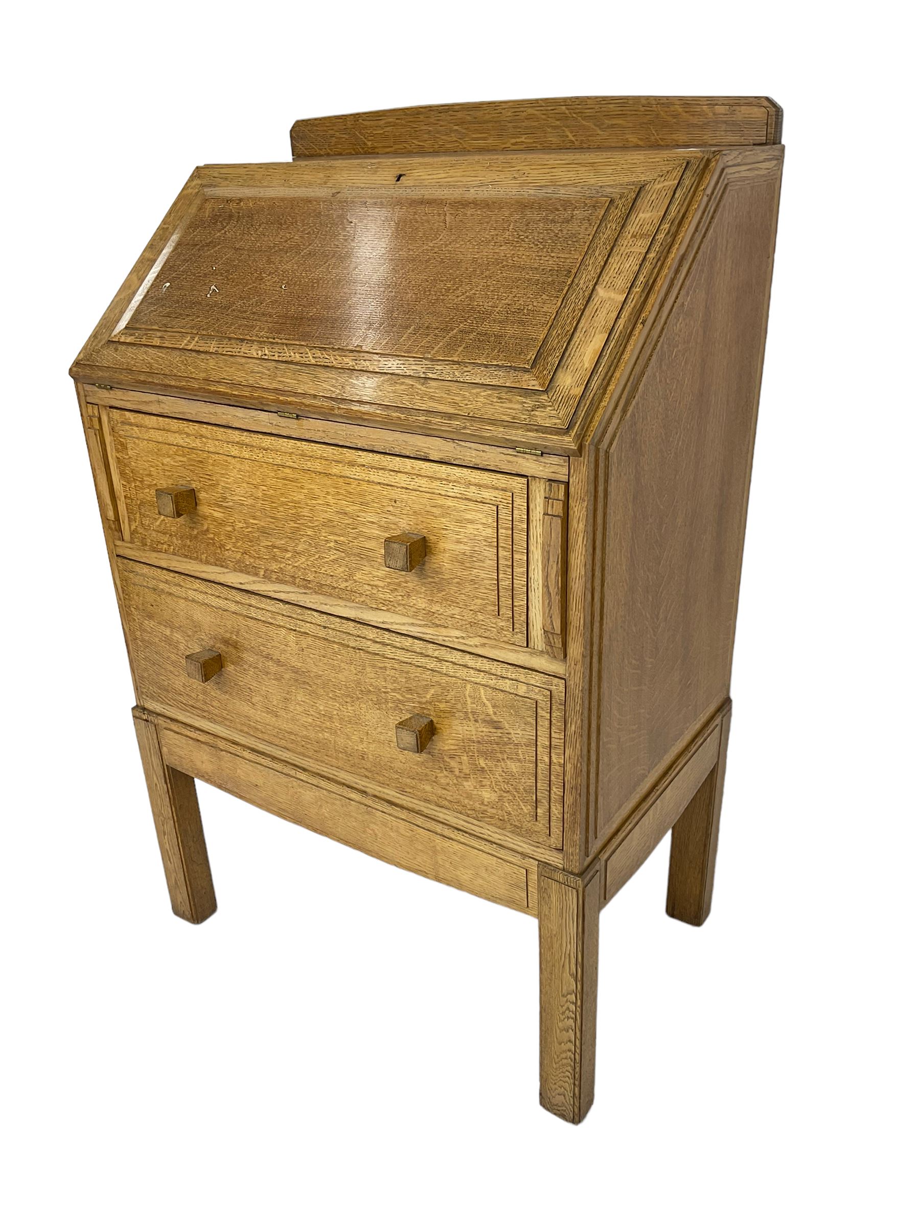 1930's Art Deco period oak bureau, fitted fall front and two drawers