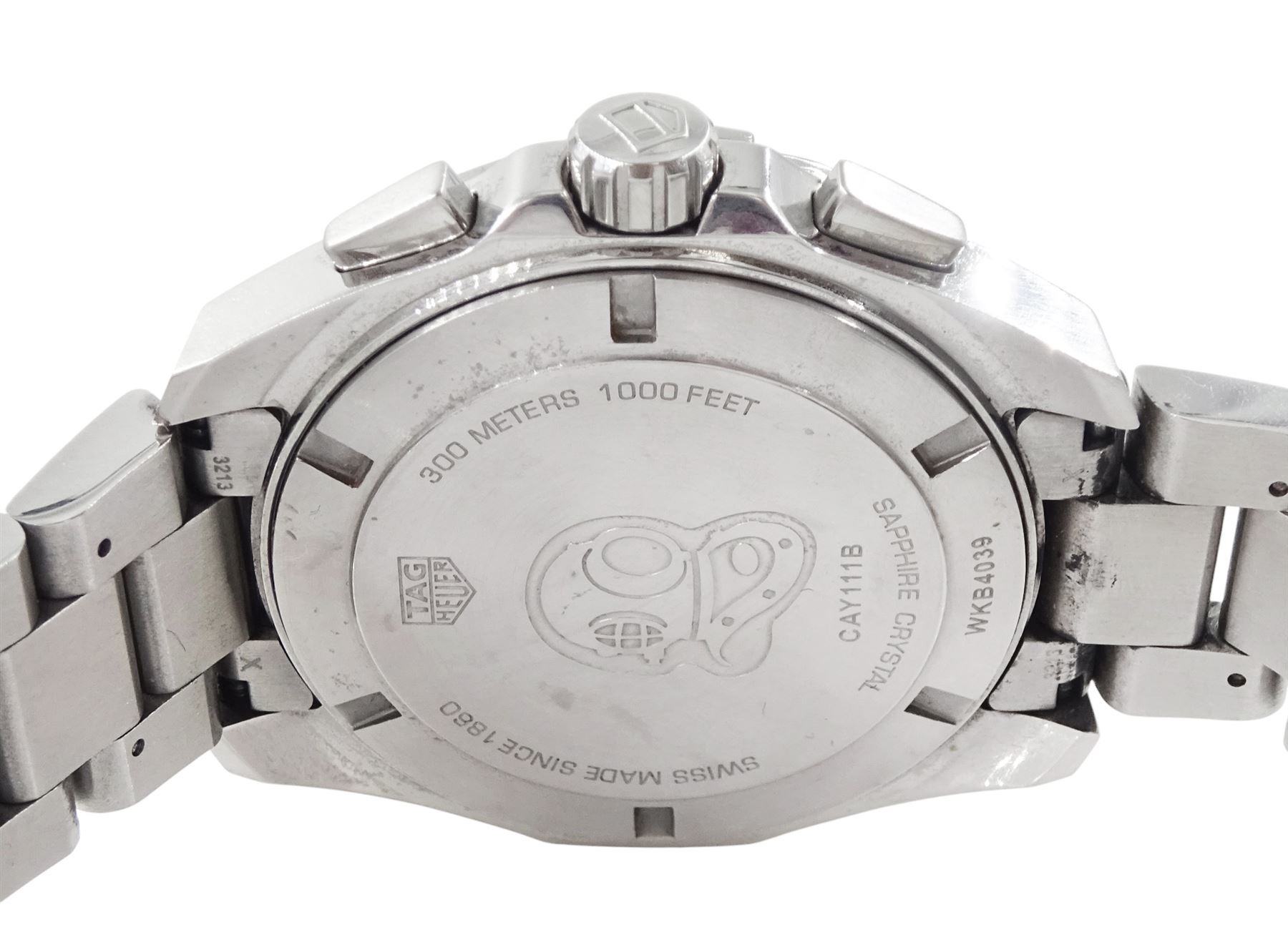 Tag Heuer Aquaracer gentleman's stainless steel quartz chronograph wristwatch, Ref. CAY111B, blue dial with subsidiary dials and date aperture, on original stainless steel bracelet, with fold-over clasp, boxed with papers and warranty card dated 2021