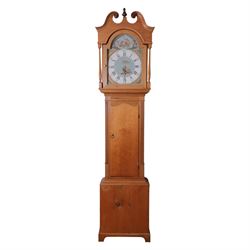 30-hour, 19th-century provincial pine weight-driven longcase clock, with a swan neck pedim...