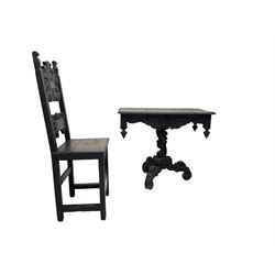 Late 19th century Gothic revival carved oak pedestal table, rectangular top with carved edges, apron carved with trailing foliate and scrolled decoration, heavily detailed column with scrolling decoration and floral carvings, the tripod base with cabriole supports carved with flowerheads (93cm x 53cm x 75cm; Late 19th century carved oak hall chair, panelled back rails with extending scroll decoration (51cm x 40cm x 116cm)
