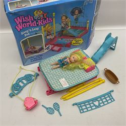 Wish World Kids - Eleven play sets comprising Treats ‘n Sweets Refrigerator, Grin ‘n Win TV, Sponge ‘n Plunge Bathtub, Socks ‘n Locks Dresser, Spice ‘n Slice Stove, Sleep ‘n Leap Bed, File ‘n Smile Desk, Blaze ‘n Braise Fireplace, Hear ‘n Cheer playset in Sponge ‘n Plunge box, two Read ‘n Speed Chair playsets in one box