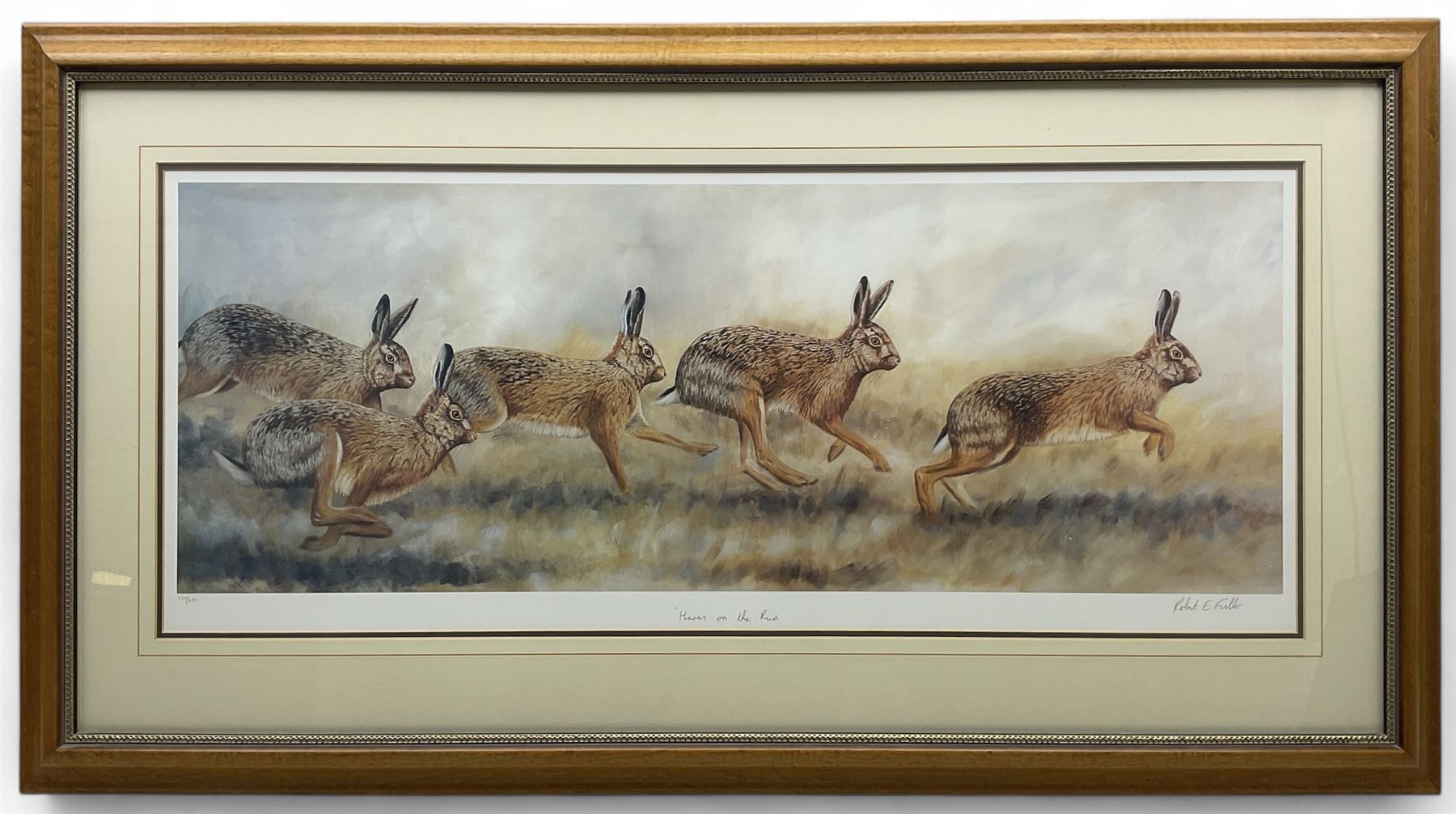 Robert E Fuller (British 1972-): 'Hares on the Run', limited edition print signed titled and numbered 250/550, 34.5cm x 93cm 