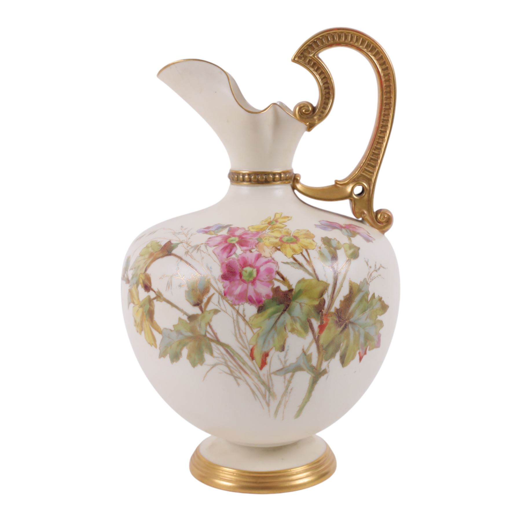 Royal Worcester, large blush ivory ewer decorated with floral sprigs, shape 1227, together with quatrelobe coral jug, decorated with wisteria shape 1507, H30cm