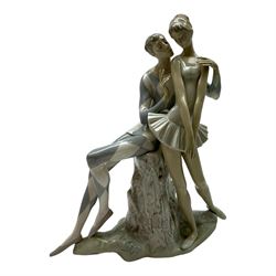 Lladro, Harlequin and ballerina, no 1017, together with The Nuns no 4611