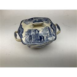 Collection of 19th century and later blue and white, to include tureen and cover with lion mask handles and finial, small Willow pattern platter, Sicilian pattern bowl, etc. 