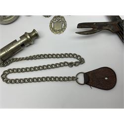 WWI J. Hudson & Co. Birmingham trench whistle dated 1915 on chain with leather button fob; WWI Dennison Mk.VI pocket compass No.39885 dated 1917 on watch chain with fob; and army type clasp knife (3)