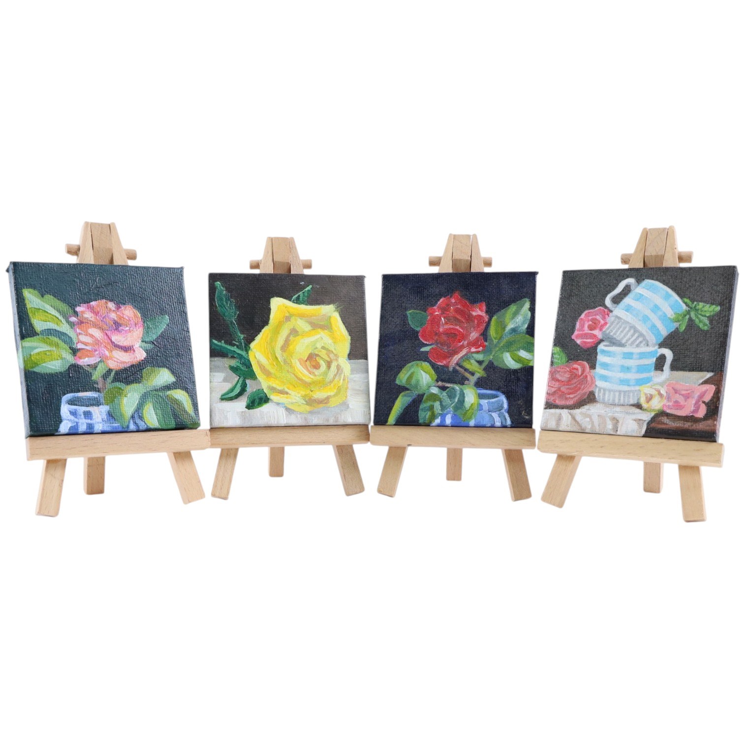 Sandra L Strohschein (American Contemporary): Lively Seascape, watercolour signed 22.5cm x 48cm; Michael McEvoy (British Contemporary): 'Tea for Two' and 'Two's Company', set of four miniature oils on canvas, signed and titled on label verso, with easels 7cm x 7cm (5) (four unframed)