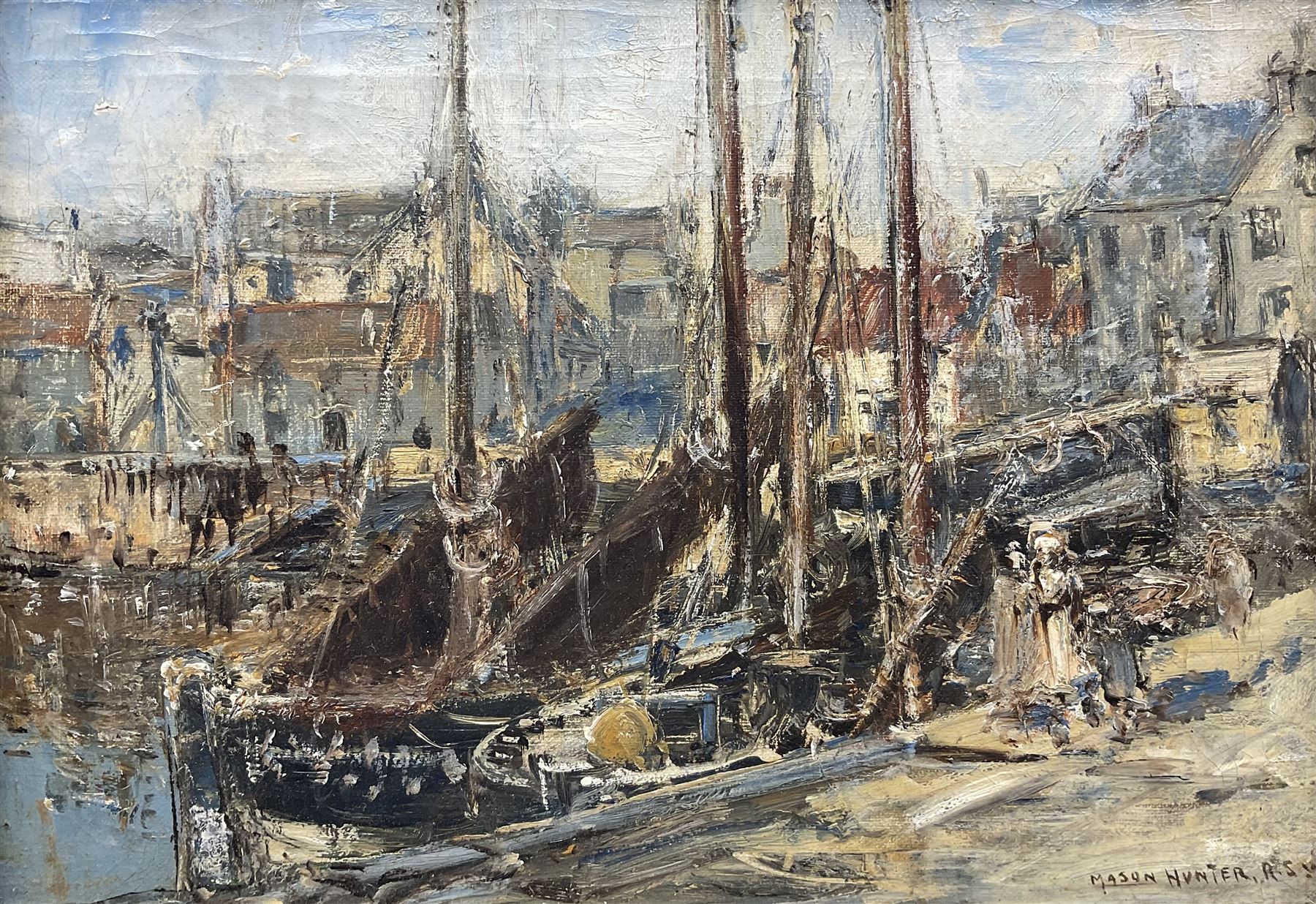Mason Hunter ARSA RSW (Scottish 1854-1921): Harbour Scene, oil on canvas signed 24cm x 34cm 