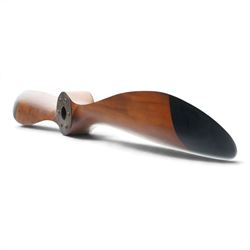 Aviation design two-blade mahogany propeller, shaped blades with black painted ends, central mounting aperture within a circular six-bolt metal hub plate