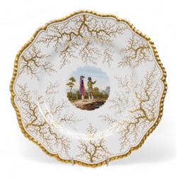 Flight, Barr & Barr Worcester porcelain cabinet plate, centrally painted with two figures admiring the landscape, within a gilt seaweed border, printed marks beneath, D22.5cm, together with a Barr, Flight & Barr Worcester cabinet plate, painted with a view of the River Esk, Scotland', within a peach and gilt seaweed border, titled 'On the River Esk - Scotland' and printed marks beneath (2)