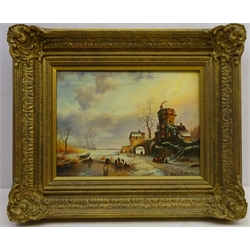  Continental Winter Landscape with Figures Skating on a Lake, 20th century oil on panel signed K. Shultz 29cm x 39cm in ornate gilt frame  