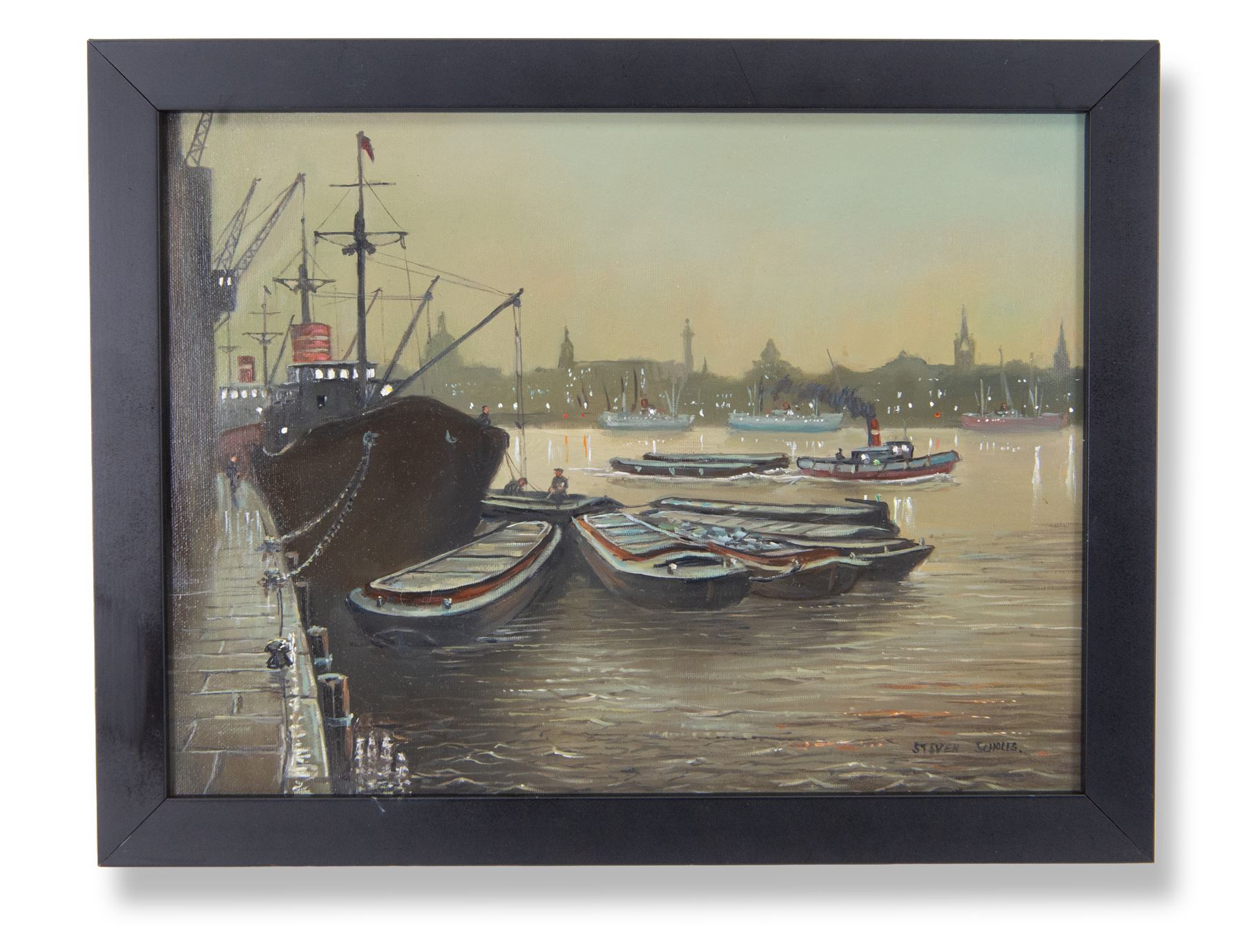 Steven Scholes (Northern British 1952-): 'Hay's Wharf - River Thames - London 1962', oil on canvas signed, titled verso 29cm x 39cm